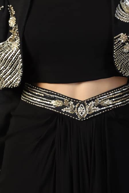 Buy_Two Sisters By Gyans_Black Georgette, Silk Cut Work, Sequins, Tropical Embroidered Jacket Skirt Set 