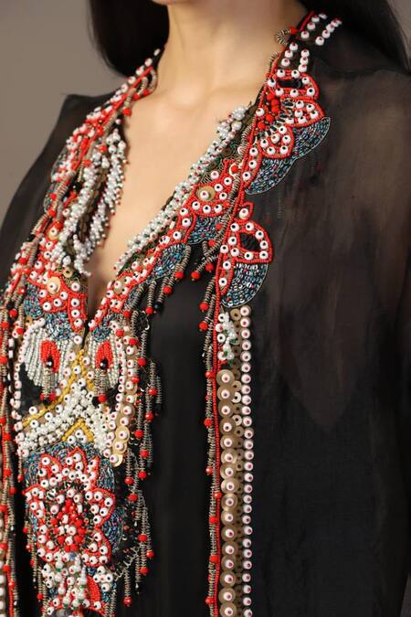 Shop Two Sisters By Gyans Black Satin, Silk, Organza Tassels, Pearls Sequin Embroidered Gown With Cape Online at Aza Fashions Shop_Two Sisters By Gyans_Black Satin, Silk, Organza Tassels, Pearls Sequin Embroidered Gown With Cape _Online_at_Aza_Fashions