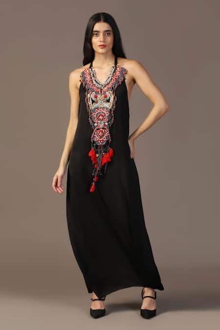 Two Sisters By Gyans Black Satin, Silk, Organza Tassels, Pearls Sequin Embroidered Gown With Cape at Aza Fashions Two Sisters By Gyans_Black Satin, Silk, Organza Tassels, Pearls Sequin Embroidered Gown With Cape _at_Aza_Fashions