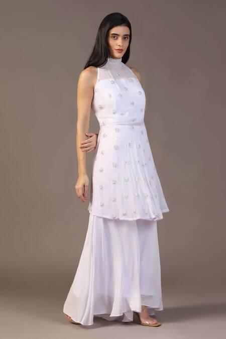 Two Sisters By Gyans White Georgette Sequins, Piping Round Neck Work Peplum Top And Flared Pant Set Online at Aza Fashions Two Sisters By Gyans_White Georgette Sequins, Piping Round Neck Work Peplum Top And Flared Pant Set _Online_at_Aza_Fashions