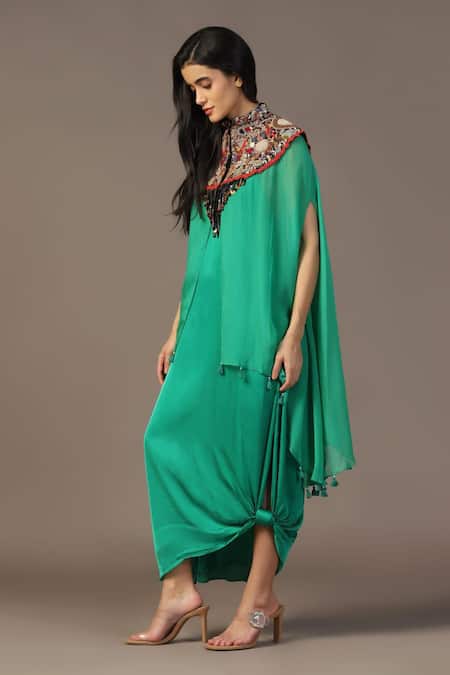 Two Sisters By Gyans_Green Satin, Organza Cut Work, Sequins Mandarin Gown With Embroidered Cape _Online_at_Aza_Fashions