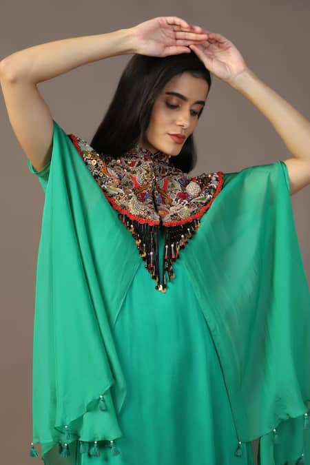 Buy_Two Sisters By Gyans_Green Satin, Organza Cut Work, Sequins Mandarin Gown With Embroidered Cape _Online_at_Aza_Fashions