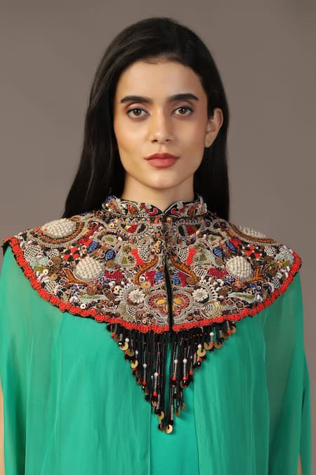 Shop_Two Sisters By Gyans_Green Satin, Organza Cut Work, Sequins Mandarin Gown With Embroidered Cape _Online_at_Aza_Fashions