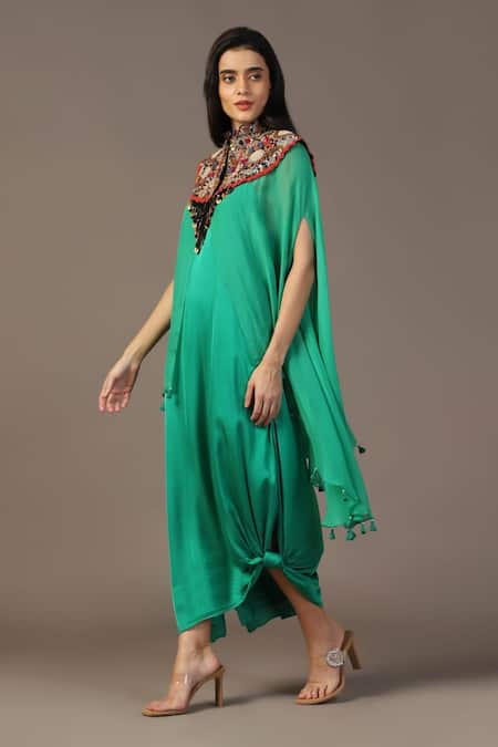 Two Sisters By Gyans_Green Satin, Organza Cut Work, Sequins Mandarin Gown With Embroidered Cape _at_Aza_Fashions