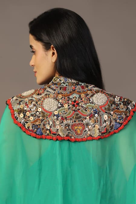 Buy_Two Sisters By Gyans_Green Satin, Organza Cut Work, Sequins Mandarin Gown With Embroidered Cape 