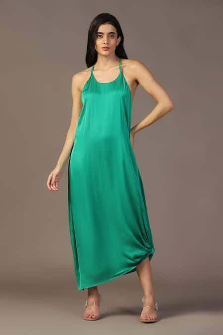 Shop_Two Sisters By Gyans_Green Satin, Organza Cut Work, Sequins Mandarin Gown With Embroidered Cape 