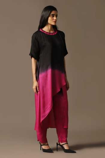 Shop Two Sisters By Gyans Black Silk Cut Work Round Neck Ombre Neckline Embroidered Kurta And Pant Set Online at Aza Fashions Shop_Two Sisters By Gyans_Black Silk Cut Work Round Neck Ombre Neckline Embroidered Kurta And Pant Set _Online_at_Aza_Fashions