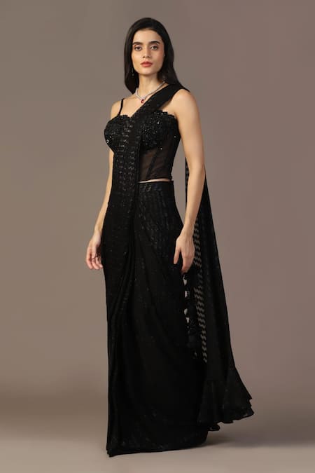 Buy_Two Sisters By Gyans_Black Net Sequins, Cut Work, Embroidered Pre-draped Saree With Corset Blouse _Online_at_Aza_Fashions