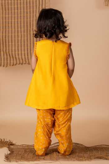 Shop Lil Angels Yellow Silk Beads, Embroidery Fantasy Kurta And Bandhej Salwar at Aza Fashions Shop_Lil Angels_Yellow Silk Beads, Embroidery Fantasy Kurta And Bandhej Salwar _at_Aza_Fashions
