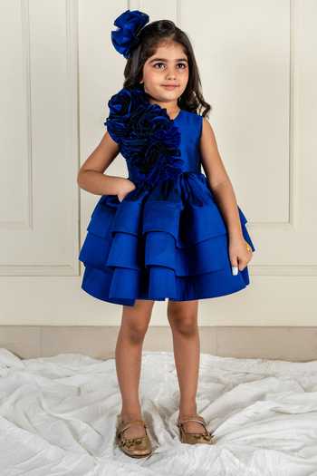 Lil Angels_Blue Silk Ruffles Ruched Rose Tiered Dress _Online_at_Aza_Fashions