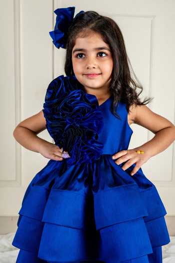 Buy_Lil Angels_Blue Silk Ruffles Ruched Rose Tiered Dress _Online_at_Aza_Fashions