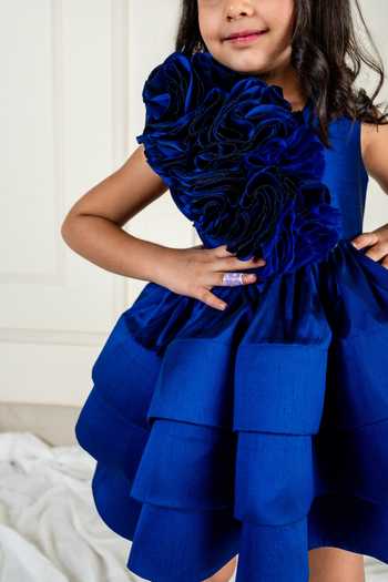 Shop_Lil Angels_Blue Silk Ruffles Ruched Rose Tiered Dress _Online_at_Aza_Fashions
