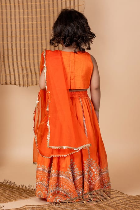 Shop Lil Angels Orange Silk Mirrors, Embroidery Bloom Blouse With Lehenga at Aza Fashions Shop_Lil Angels_Orange Silk Mirrors, Embroidery Bloom Blouse With Lehenga _at_Aza_Fashions
