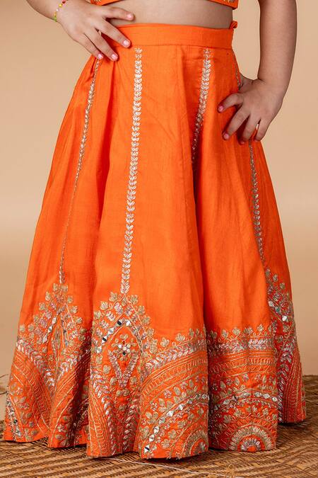 Lil Angels Orange Silk Mirrors, Embroidery Bloom Blouse With Lehenga Online at Aza Fashions Lil Angels_Orange Silk Mirrors, Embroidery Bloom Blouse With Lehenga _Online_at_Aza_Fashions