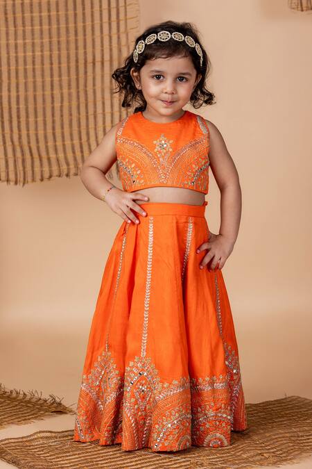 Buy Lil Angels Orange Silk Mirrors, Embroidery Bloom Blouse With Lehenga Online at Aza Fashions Buy_Lil Angels_Orange Silk Mirrors, Embroidery Bloom Blouse With Lehenga _Online_at_Aza_Fashions