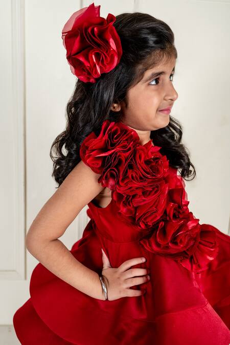 Buy_Lil Angels_Maroon Satin Fabric Flowers Ruched Rosette Ruffle Tiered Dress _Online_at_Aza_Fashions