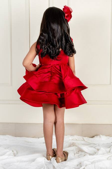 Shop_Lil Angels_Maroon Satin Fabric Flowers Ruched Rosette Ruffle Tiered Dress _Online_at_Aza_Fashions