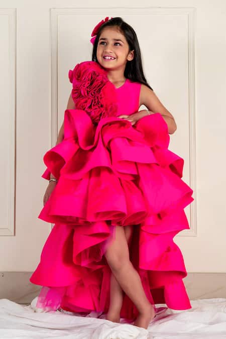 Lil Angels_Pink Silk Embroidery Ruched Flora Embellished High Low Ruffled Dress _Online_at_Aza_Fashions