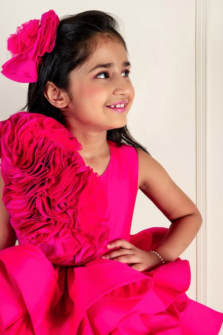 Buy_Lil Angels_Pink Silk Embroidery Ruched Flora Embellished High Low Ruffled Dress _Online_at_Aza_Fashions