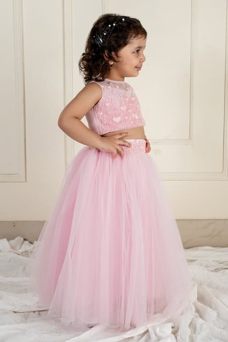 Lil Angels_Pink Net, Linen Sequins, Beads, Embroidery Heart Embellished Blouse With Lehenga _Online_at_Aza_Fashions