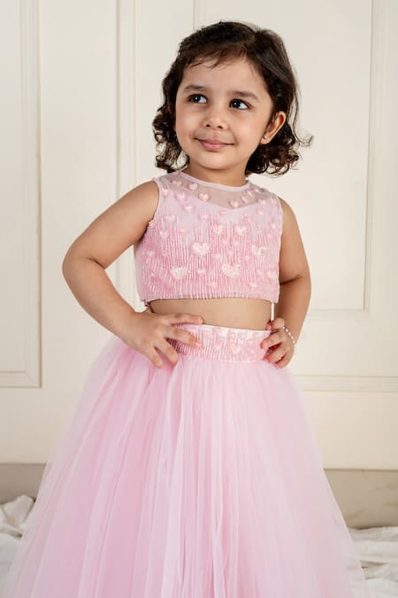 Buy_Lil Angels_Pink Net, Linen Sequins, Beads, Embroidery Heart Embellished Blouse With Lehenga _Online_at_Aza_Fashions