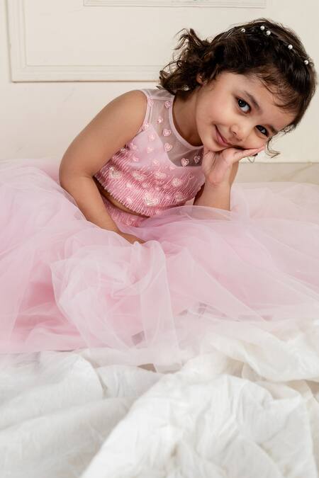 Shop_Lil Angels_Pink Net, Linen Sequins, Beads, Embroidery Heart Embellished Blouse With Lehenga _Online_at_Aza_Fashions