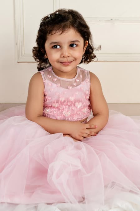 Lil Angels_Pink Net, Linen Sequins, Beads, Embroidery Heart Embellished Blouse With Lehenga _at_Aza_Fashions