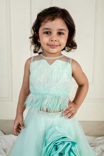 Lil Angels_Green Net Cut Work, Feathers Rosette Lehenga With Cutdana Embellished Blouse _Online_at_Aza_Fashions