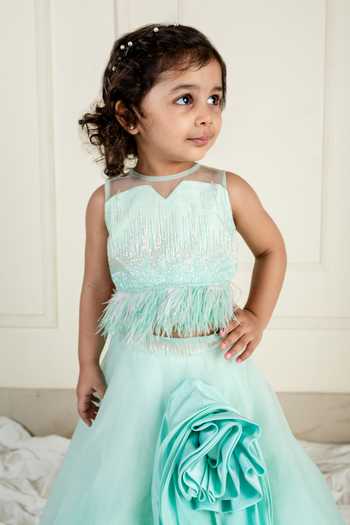 Buy_Lil Angels_Green Net Cut Work, Feathers Rosette Lehenga With Cutdana Embellished Blouse _Online_at_Aza_Fashions