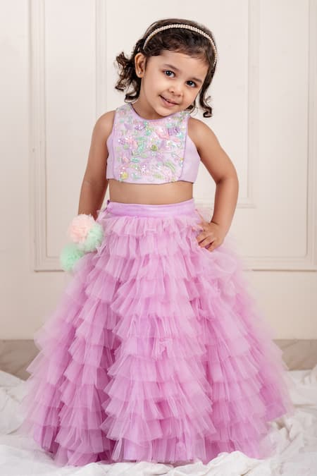 Lil Angels Sequin Blossom Embroidered Blouse With Ruffle Tiered Lehenga 