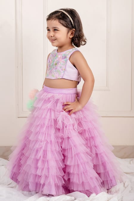 Lil Angels_Purple Net Sequins, Cut Blossom Embroidered Blouse With Ruffle Tiered Lehenga _Online_at_Aza_Fashions