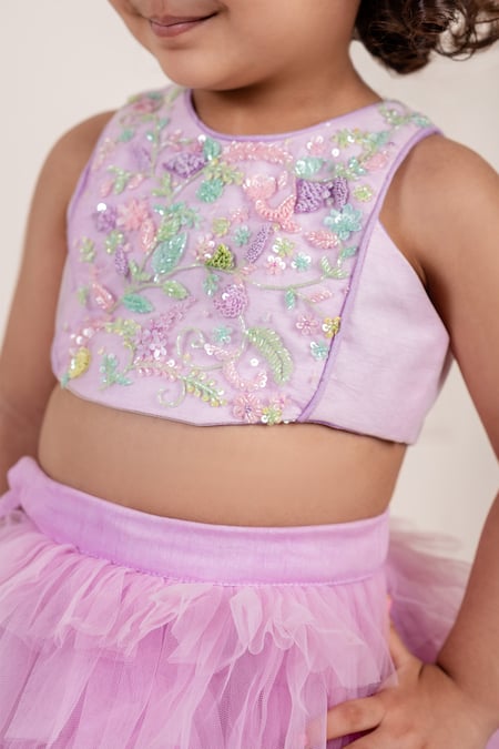 Buy_Lil Angels_Purple Net Sequins, Cut Blossom Embroidered Blouse With Ruffle Tiered Lehenga _Online_at_Aza_Fashions