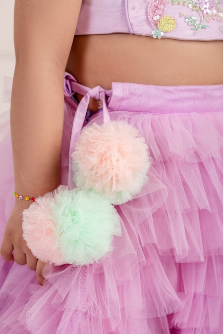 Shop_Lil Angels_Purple Net Sequins, Cut Blossom Embroidered Blouse With Ruffle Tiered Lehenga _Online_at_Aza_Fashions