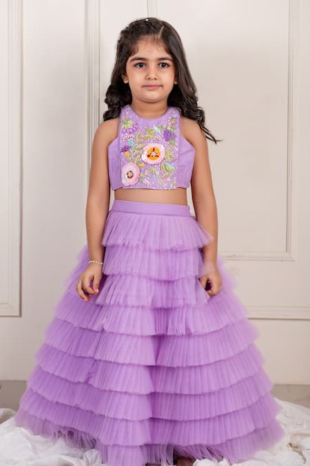 Lil Angels Sequin Flora Embroidered Blouse With Ruffle Pleated Tiered Lehenga 