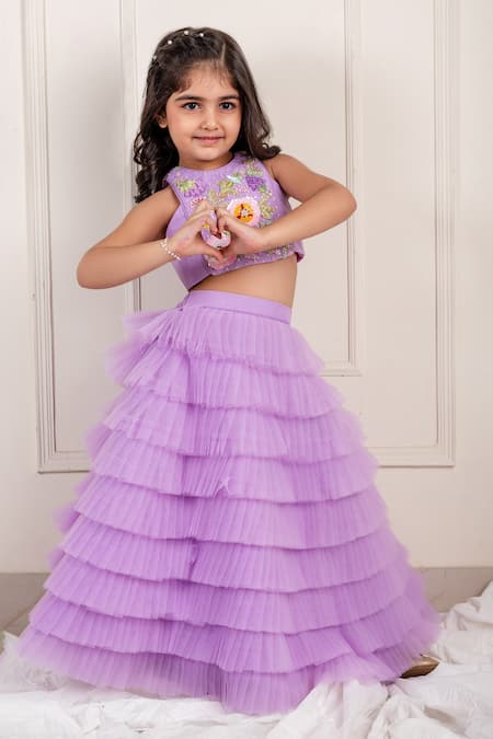 Lil Angels_Purple Net Embroidery, Sequins, Flora Blouse With Pleated Tiered Lehenga _Online_at_Aza_Fashions