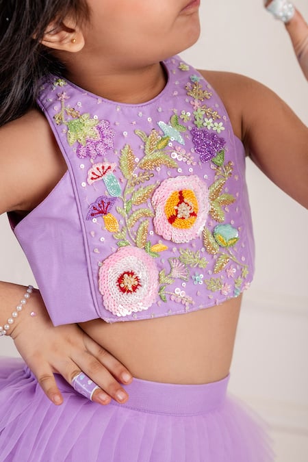 Buy_Lil Angels_Purple Net Embroidery, Sequins, Flora Blouse With Pleated Tiered Lehenga _Online_at_Aza_Fashions