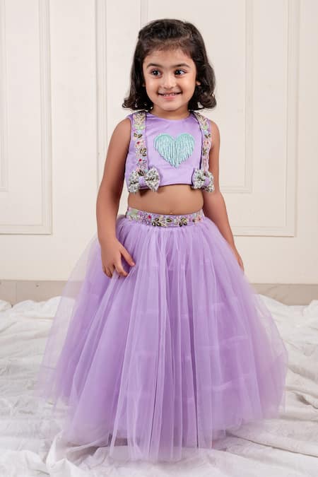 Lil Angels Heart Tassel & Bow Embellished Blouse With Lehenga 