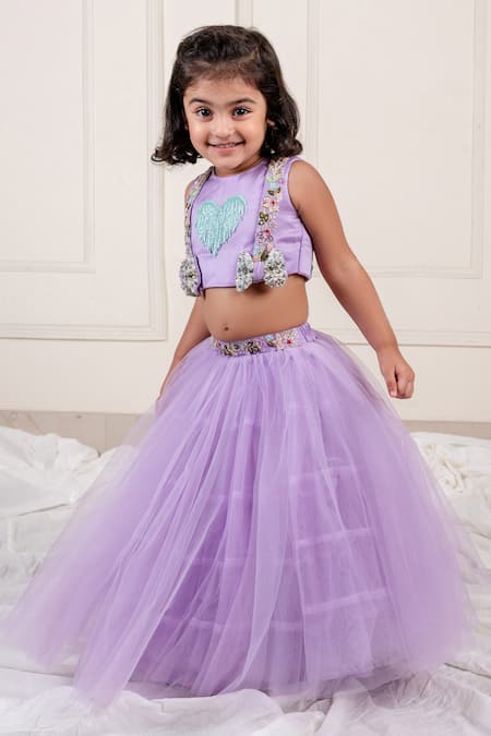 Lil Angels_Purple Net Sequins, Beads Heart Tassel And Bow Embellished Blouse With Lehenga _Online_at_Aza_Fashions