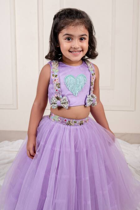 Buy_Lil Angels_Purple Net Sequins, Beads Heart Tassel And Bow Embellished Blouse With Lehenga _Online_at_Aza_Fashions