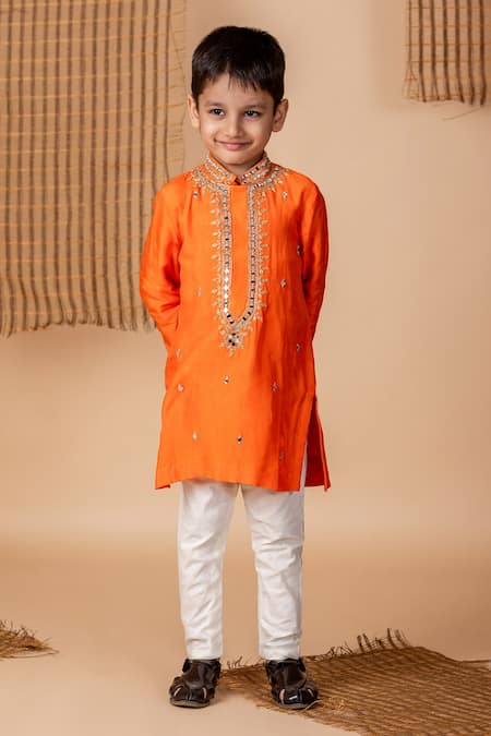 Lil Angels_Orange Silk, Cotton Embroidery, Mirrors Aari And Bloom Kurta With Pant _Online_at_Aza_Fashions