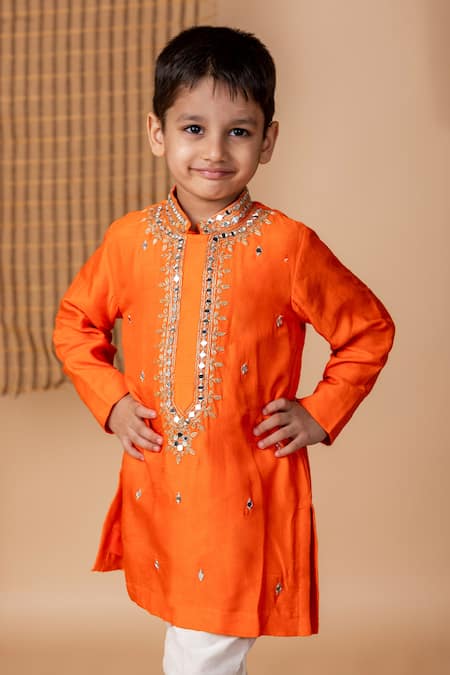 Buy_Lil Angels_Orange Silk, Cotton Embroidery, Mirrors Aari And Bloom Kurta With Pant _Online_at_Aza_Fashions