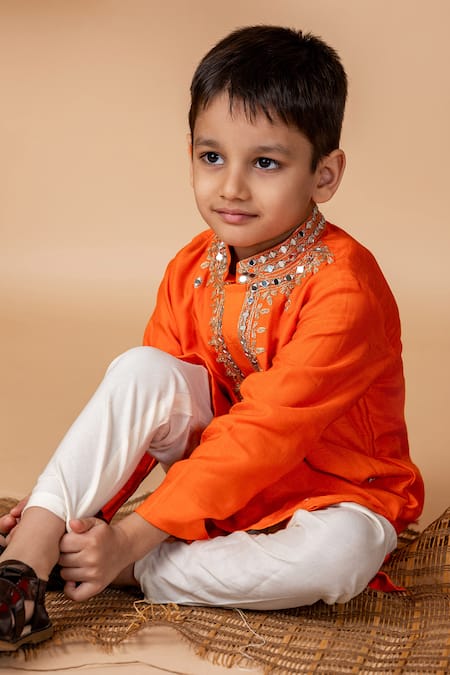 Shop_Lil Angels_Orange Silk, Cotton Embroidery, Mirrors Aari And Bloom Kurta With Pant _Online_at_Aza_Fashions