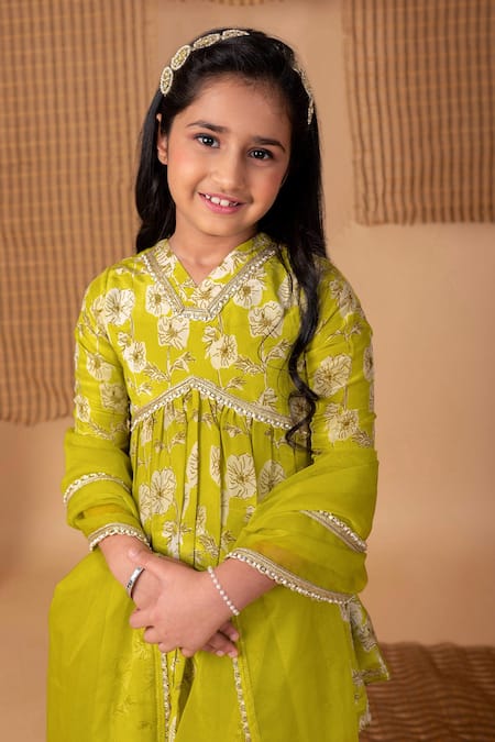 Lil Angels_Green Viscose Embroidery, Pearls Floral Print Kurta With Sharara Pant _Online_at_Aza_Fashions