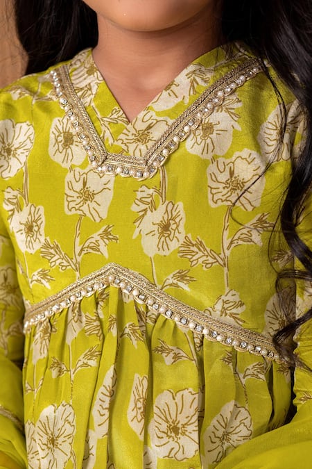 Buy_Lil Angels_Green Viscose Embroidery, Pearls Floral Print Kurta With Sharara Pant _Online_at_Aza_Fashions