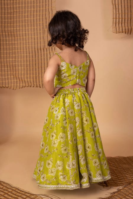 Shop Lil Angels Green Viscose Tassels, Embroidery, Floral Print Embellished Blouse With Lehenga at Aza Fashions Shop_Lil Angels_Green Viscose Tassels, Embroidery, Floral Print Embellished Blouse With Lehenga _at_Aza_Fashions