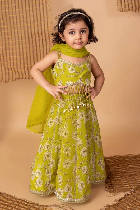Lil Angels Green Viscose Tassels, Embroidery, Floral Print Embellished Blouse With Lehenga Online at Aza Fashions Lil Angels_Green Viscose Tassels, Embroidery, Floral Print Embellished Blouse With Lehenga _Online_at_Aza_Fashions