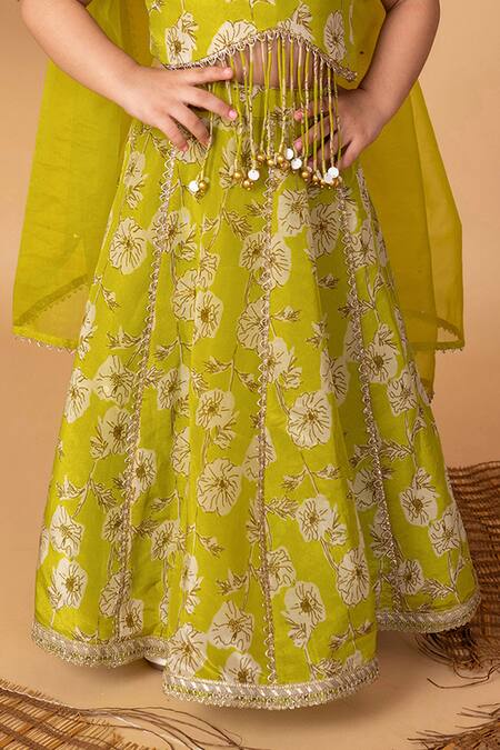 Shop Lil Angels Green Viscose Tassels, Embroidery, Floral Print Embellished Blouse With Lehenga Online at Aza Fashions Shop_Lil Angels_Green Viscose Tassels, Embroidery, Floral Print Embellished Blouse With Lehenga _Online_at_Aza_Fashions