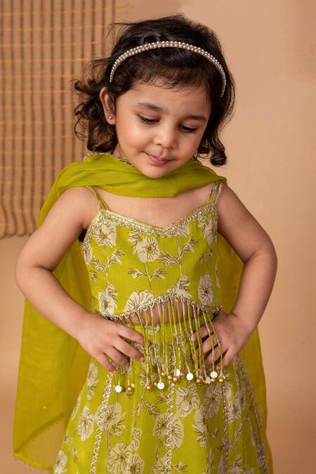 Lil Angels Green Viscose Tassels, Embroidery, Floral Print Embellished Blouse With Lehenga at Aza Fashions Lil Angels_Green Viscose Tassels, Embroidery, Floral Print Embellished Blouse With Lehenga _at_Aza_Fashions