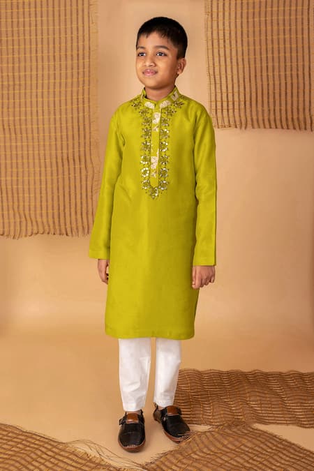 Lil Angels Green Silk Embroidery Mirror Bloom Kurta With Pant 