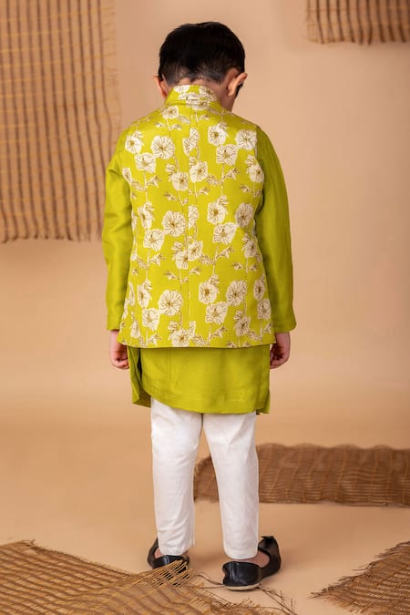 Shop Lil Angels Green Cotton, Silk Bloom Print Bundi Kurta Set at Aza Fashions Shop_Lil Angels_Green Cotton, Silk Bloom Print Bundi Kurta Set _at_Aza_Fashions